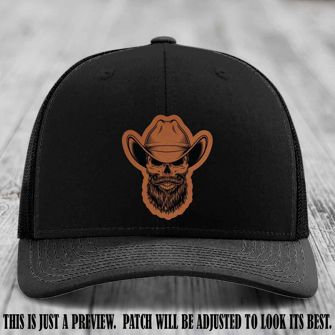 Bone Bro Cowboy 💀🤠 Rawhide to Black Leather Patch on Black Hat - Richardson 112