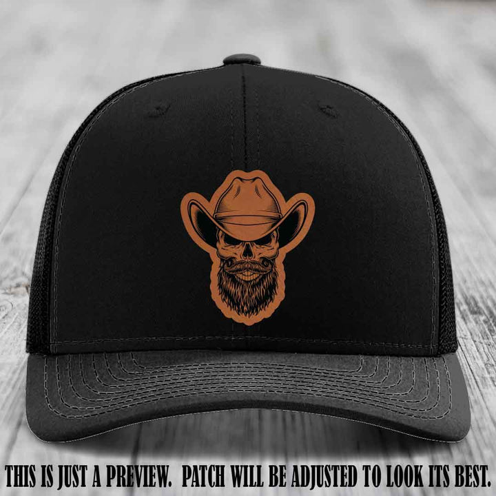 Bone Bro Cowboy 💀🤠 Rawhide to Black Leather Patch on Black Hat - Richardson 112