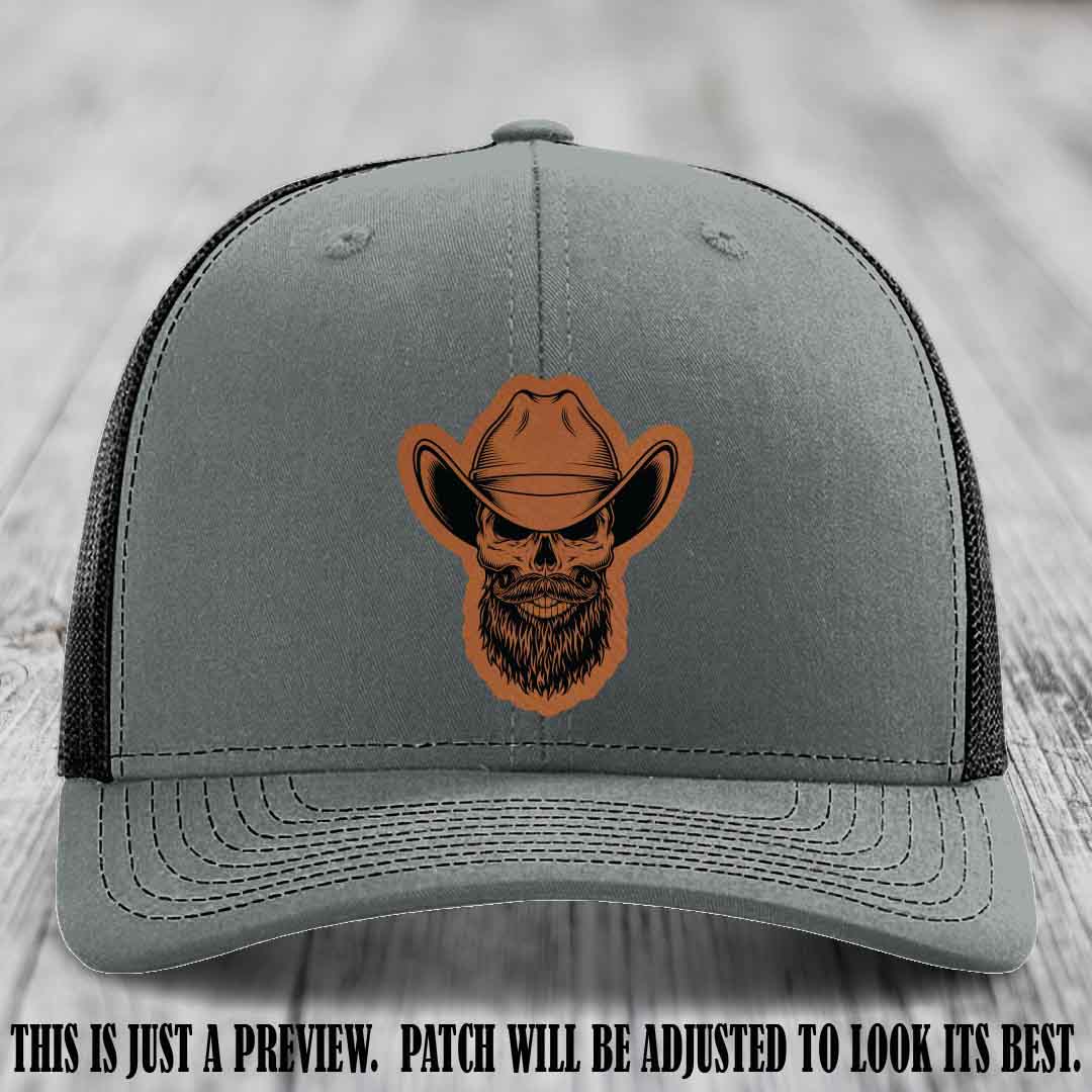 Bone Bro Cowboy 💀🤠 Rawhide to Black Leather Patch on Heather Grey to Black Hat - Richardson 112