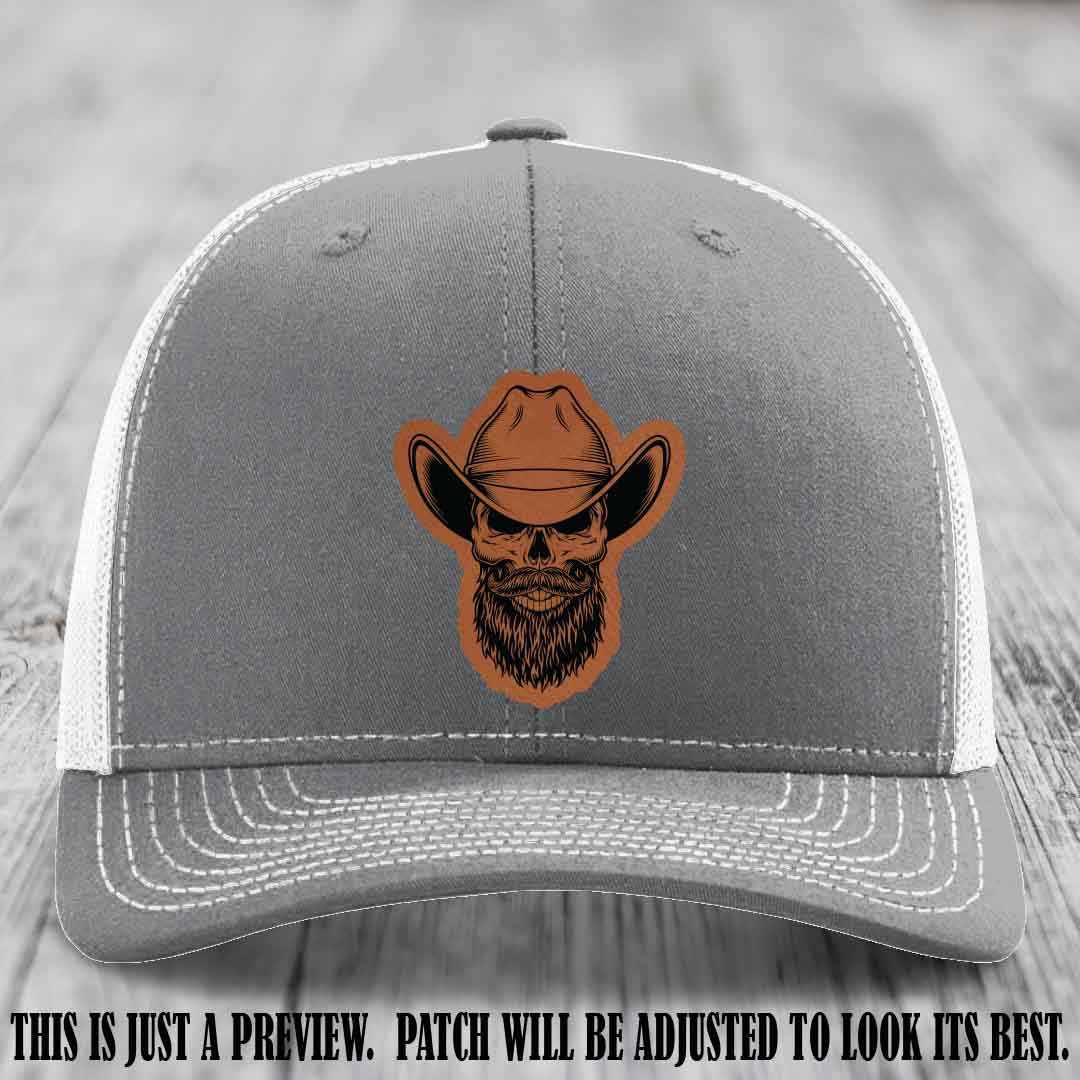 Bone Bro Cowboy 💀🤠 Rawhide to Black Leather Patch on Heather Grey to White Hat - Richardson 112