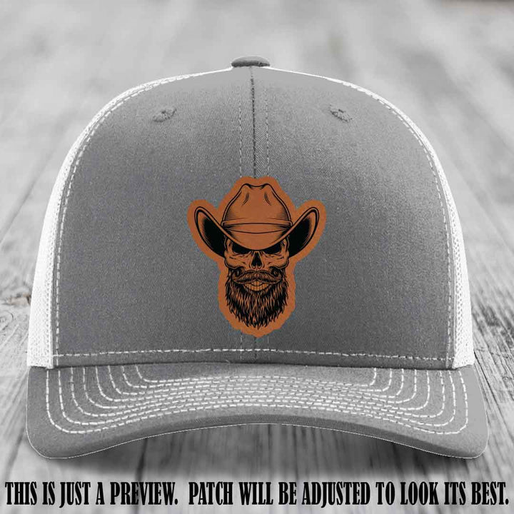 Bone Bro Cowboy 💀🤠 Rawhide to Black Leather Patch on Heather Grey to White Hat - Richardson 112