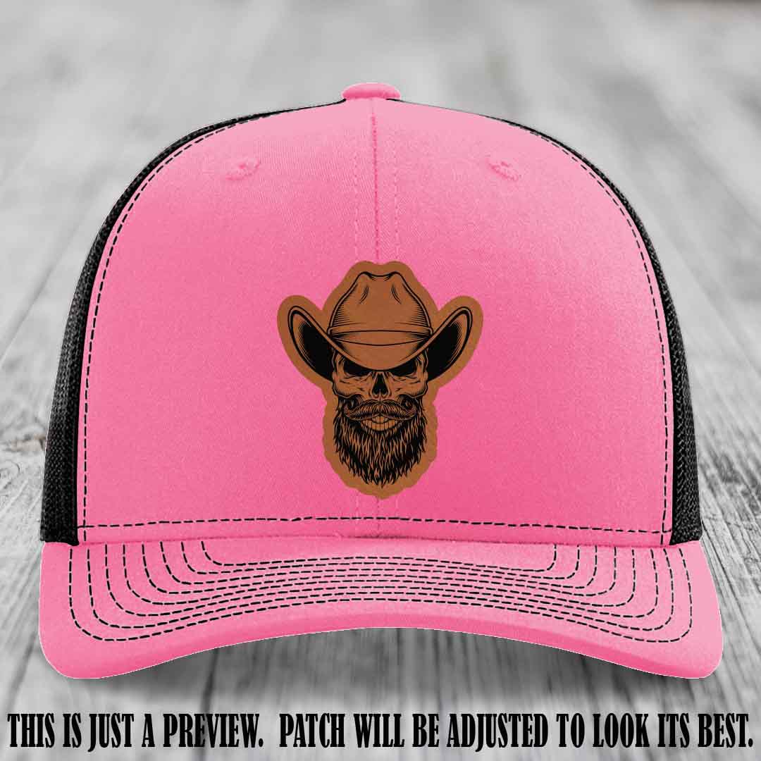Bone Bro Cowboy 💀🤠 Rawhide to Black Leather Patch on Hot Pink to Black Hat - Richardson 112