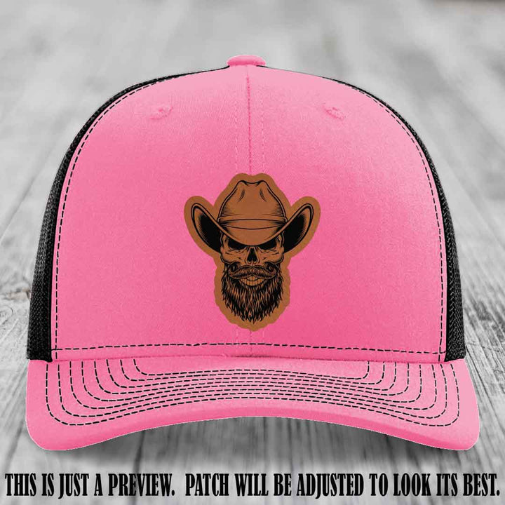 Bone Bro Cowboy 💀🤠 Rawhide to Black Leather Patch on Hot Pink to Black Hat - Richardson 112