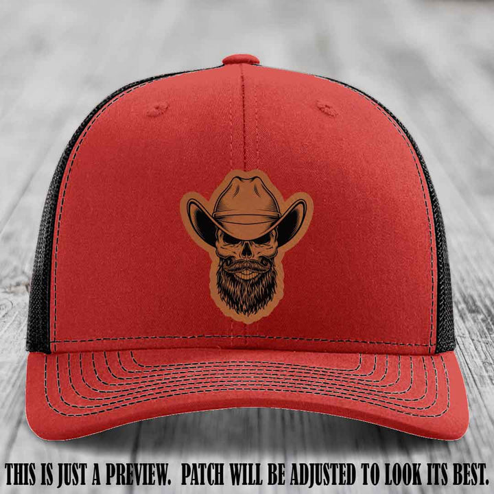 Bone Bro Cowboy 💀🤠 Rawhide to Black Leather Patch on Red to Black Hat - Richardson 112