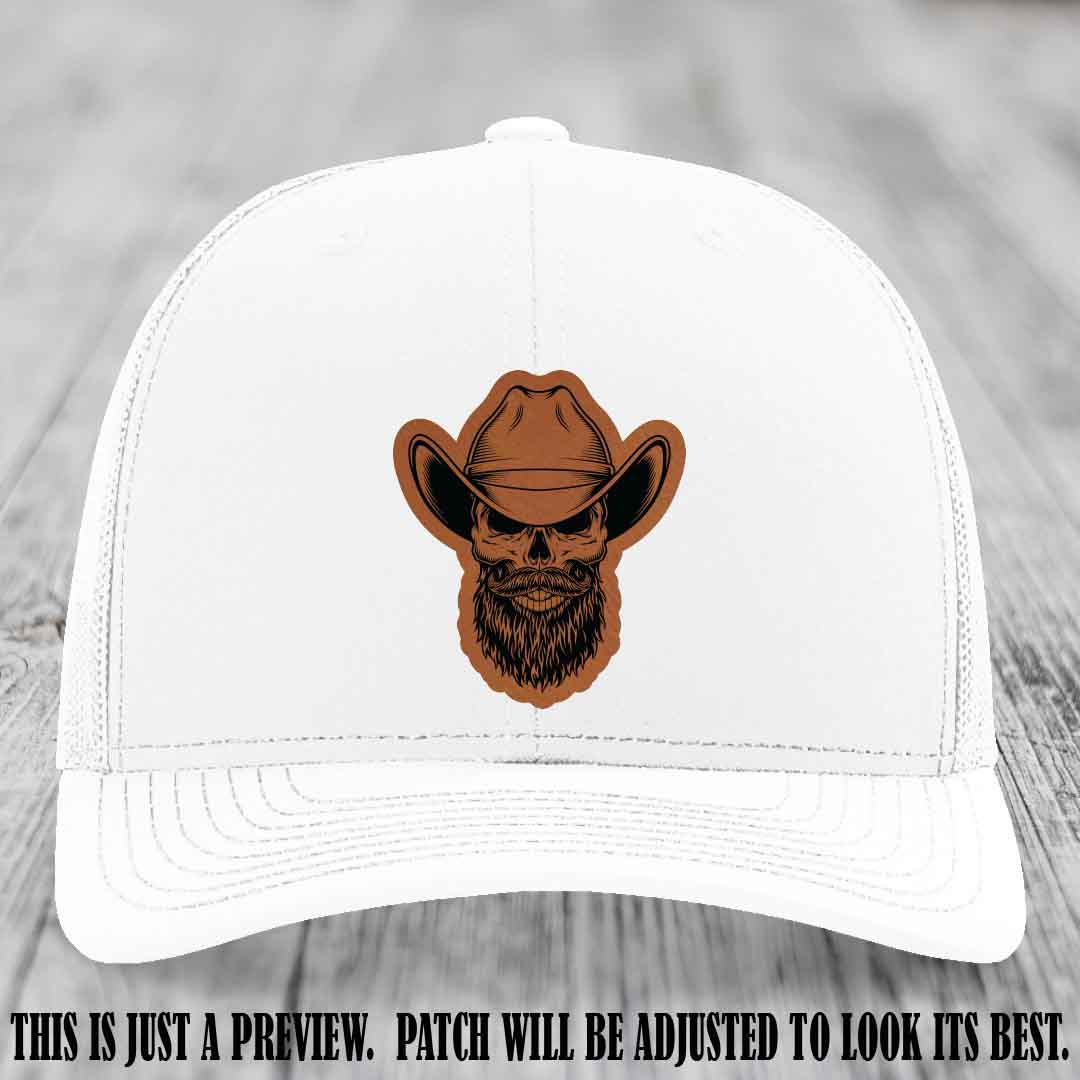 Bone Bro Cowboy 💀🤠 Rawhide to Black Leather Patch on White Hat - Richardson 112