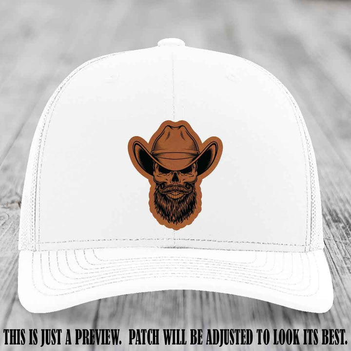 Bone Bro Cowboy 💀🤠 Rawhide to Black Leather Patch on White Hat - Richardson 112
