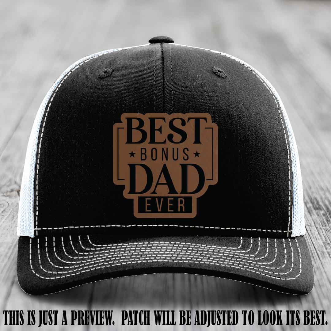 Best Bonus Dad Ever 🏆 Dark Brown to Black Patch on Black to White Hat Richardson 112