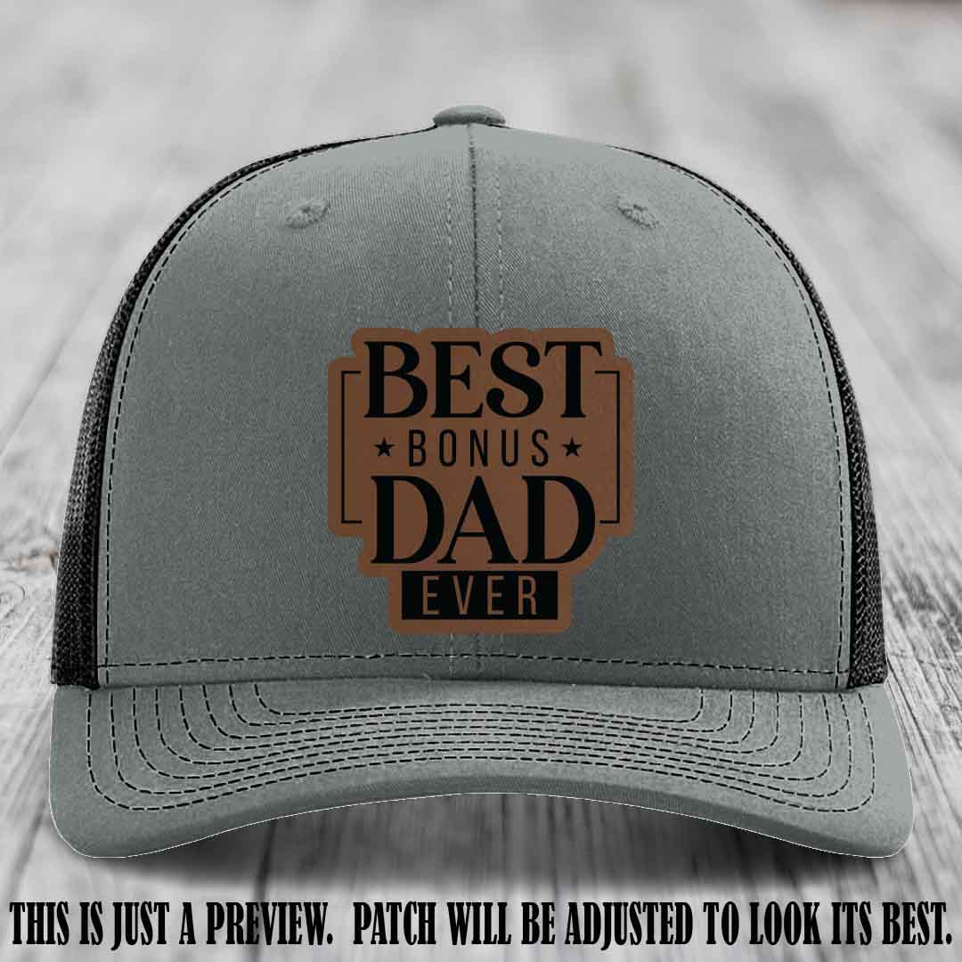 Best Bonus Dad Ever 🏆 Dark Brown to Black Patch on Heather Grey to Black Hat Richardson 112