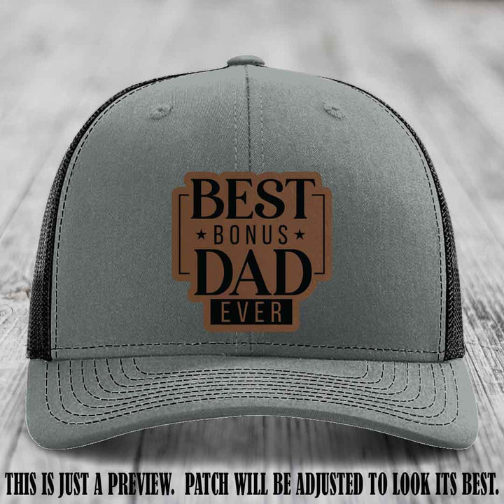 Best Bonus Dad Ever 🏆 Dark Brown to Black Patch on Heather Grey to Black Hat Richardson 112