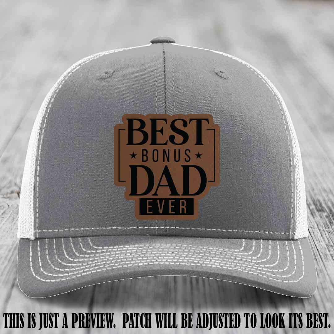 Best Bonus Dad Ever 🏆 Dark Brown to Black Patch on Heather Grey to White Hat Richardson 112