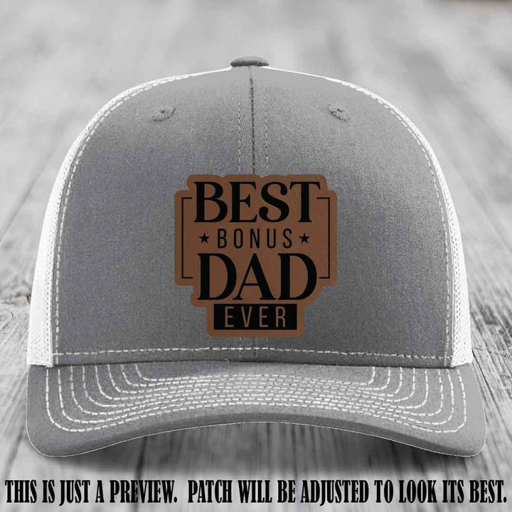 Best Bonus Dad Ever 🏆 Dark Brown to Black Patch on Heather Grey to White Hat Richardson 112