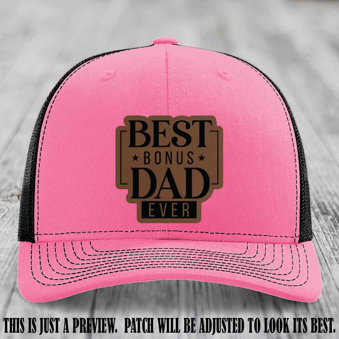 Best Bonus Dad Ever 🏆 Dark Brown to Black Patch on Hot Pink to Black Hat Richardson 112