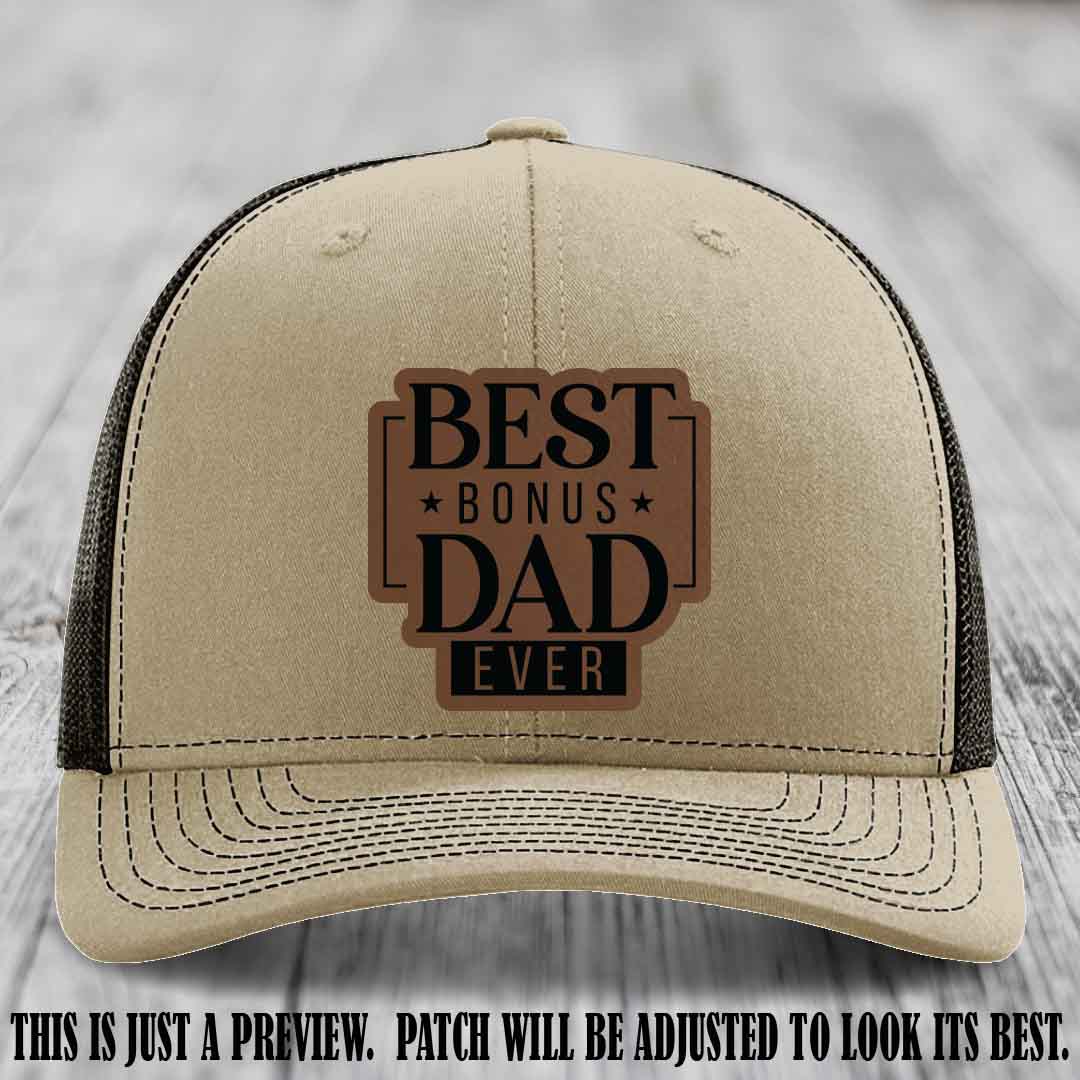 Best Bonus Dad Ever 🏆 Dark Brown to Black Patch on Khaki to Coffee Hat Richardson 112