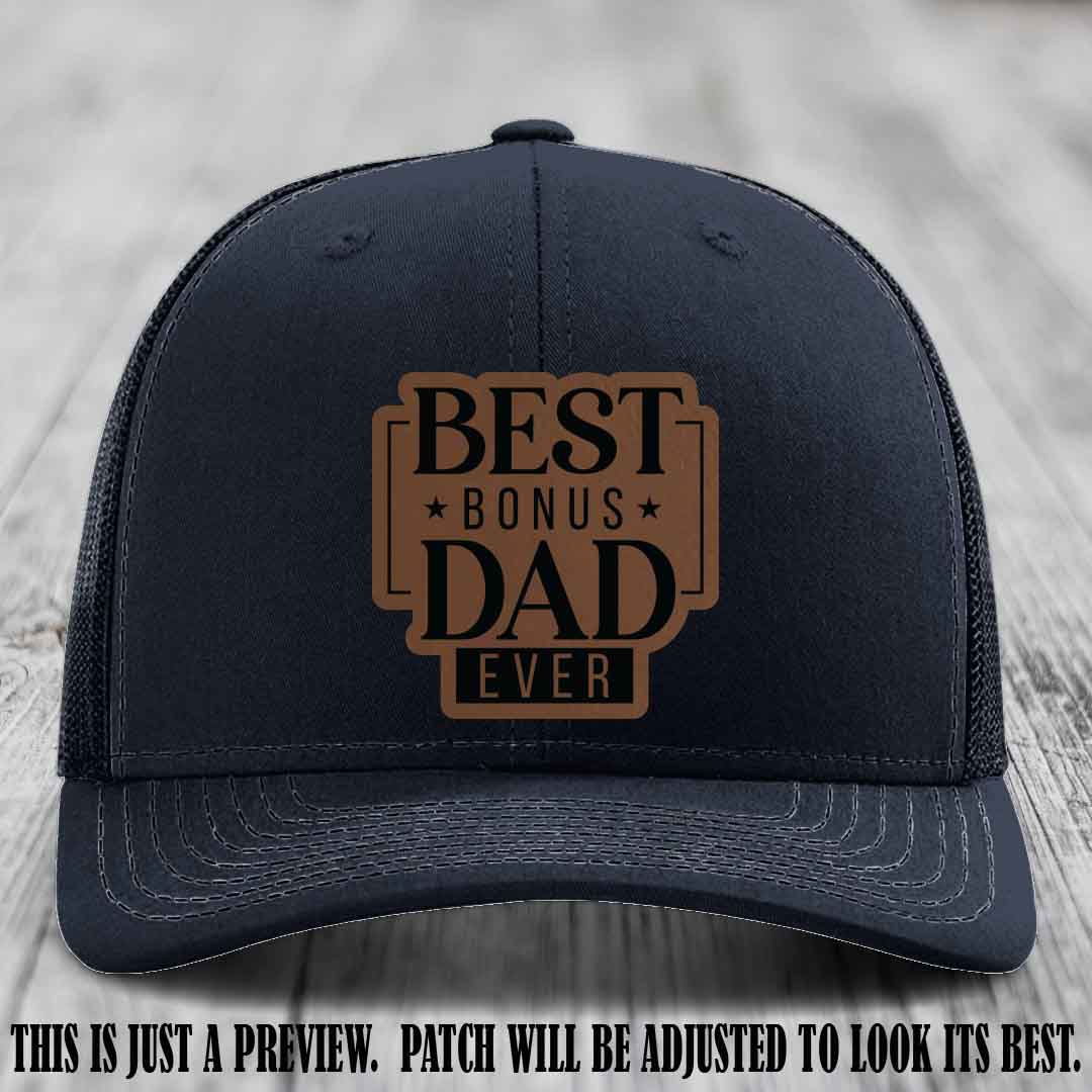Best Bonus Dad Ever 🏆 Dark Brown to Black Patch on Navy Hat Richardson 112