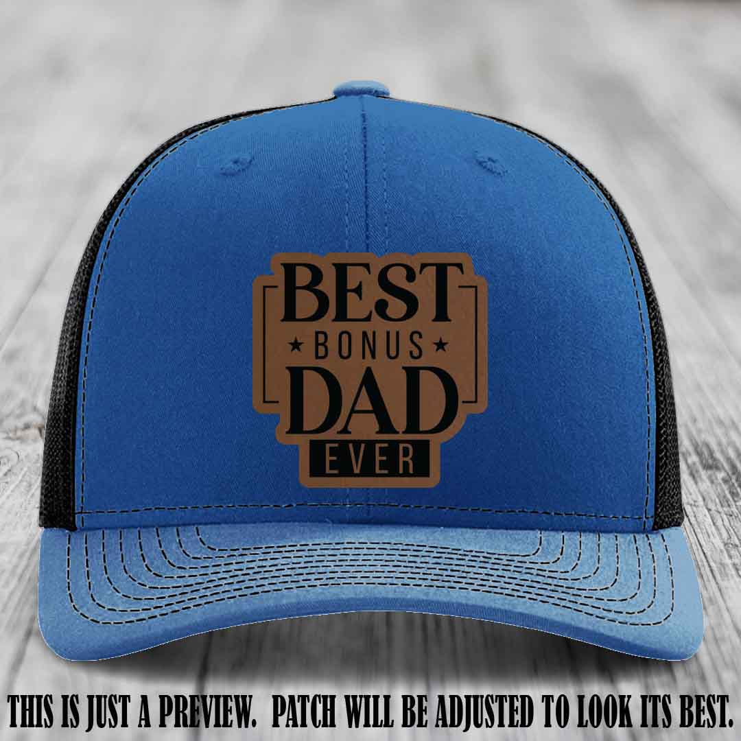 Best Bonus Dad Ever 🏆 Dark Brown to Black Patch on Royal to Black Hat Richardson 112