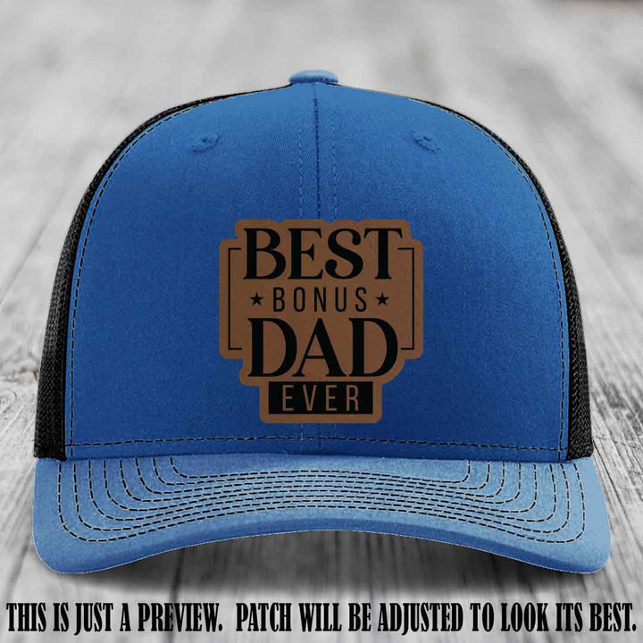 Best Bonus Dad Ever 🏆 Dark Brown to Black Patch on Royal to Black Hat Richardson 112