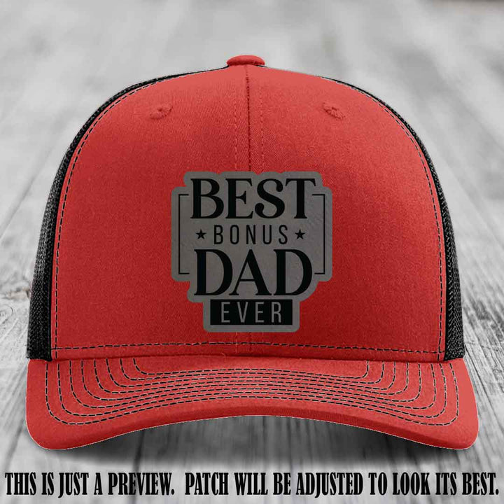 Best Bonus Dad Ever 🏆 Grey to Black Patch on Red to Black Hat Richardson 112