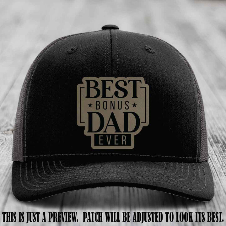 Best Bonus Dad Ever 🏆 Light Brown to Black Patch on Black to Charcoal Hat Richardson 112