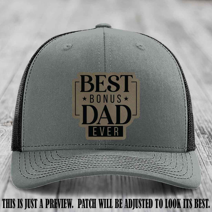 Best Bonus Dad Ever 🏆 Light Brown to Black Patch on Heather Grey to Black Hat Richardson 112