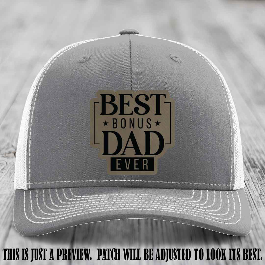 Best Bonus Dad Ever 🏆 Light Brown to Black Patch on Heather Grey to White Hat Richardson 112
