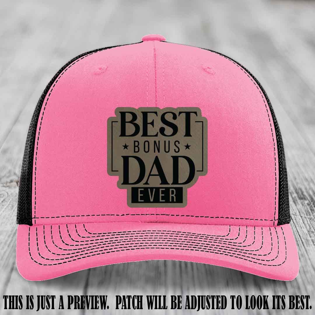 Best Bonus Dad Ever 🏆 Light Brown to Black Patch on Hot Pink to Black Hat Richardson 112