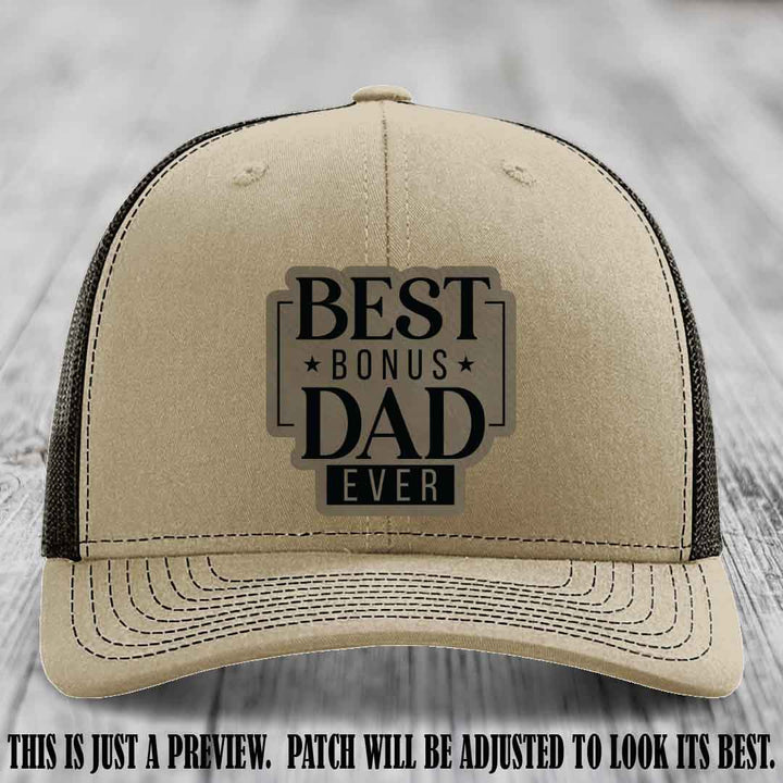 Best Bonus Dad Ever 🏆 Light Brown to Black Patch on Khaki to Coffee Hat Richardson 112