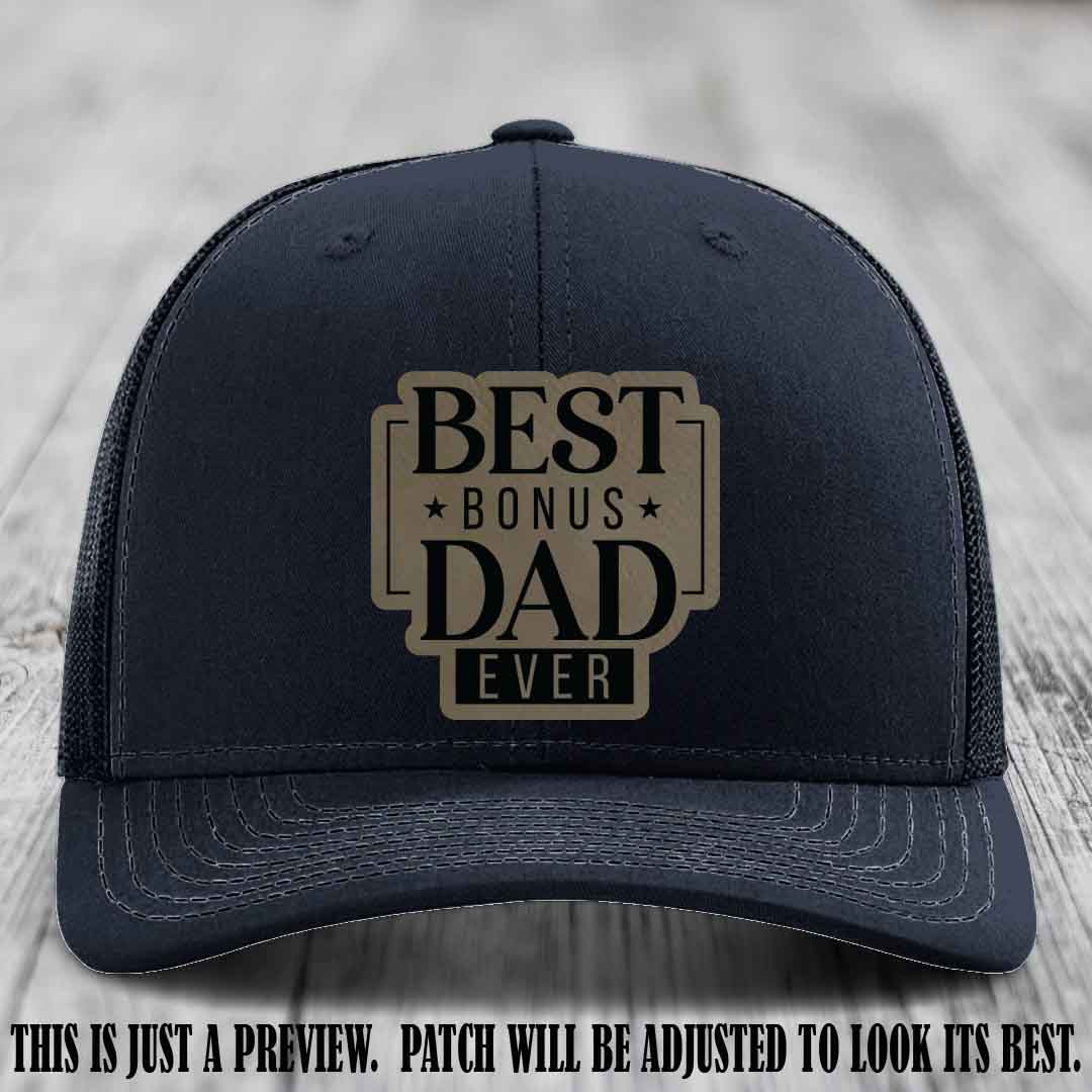 Best Bonus Dad Ever 🏆 Light Brown to Black Patch on Navy Hat Richardson 112