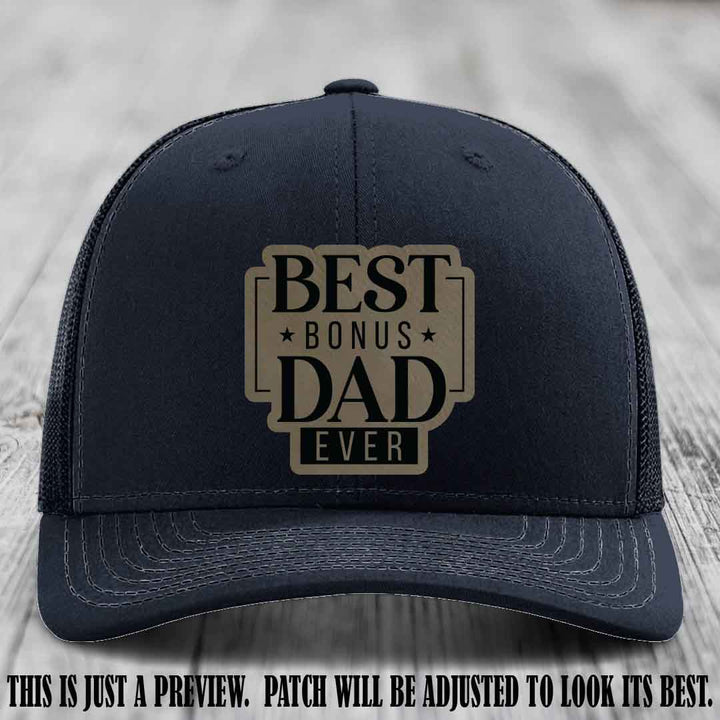 Best Bonus Dad Ever 🏆 Light Brown to Black Patch on Navy Hat Richardson 112