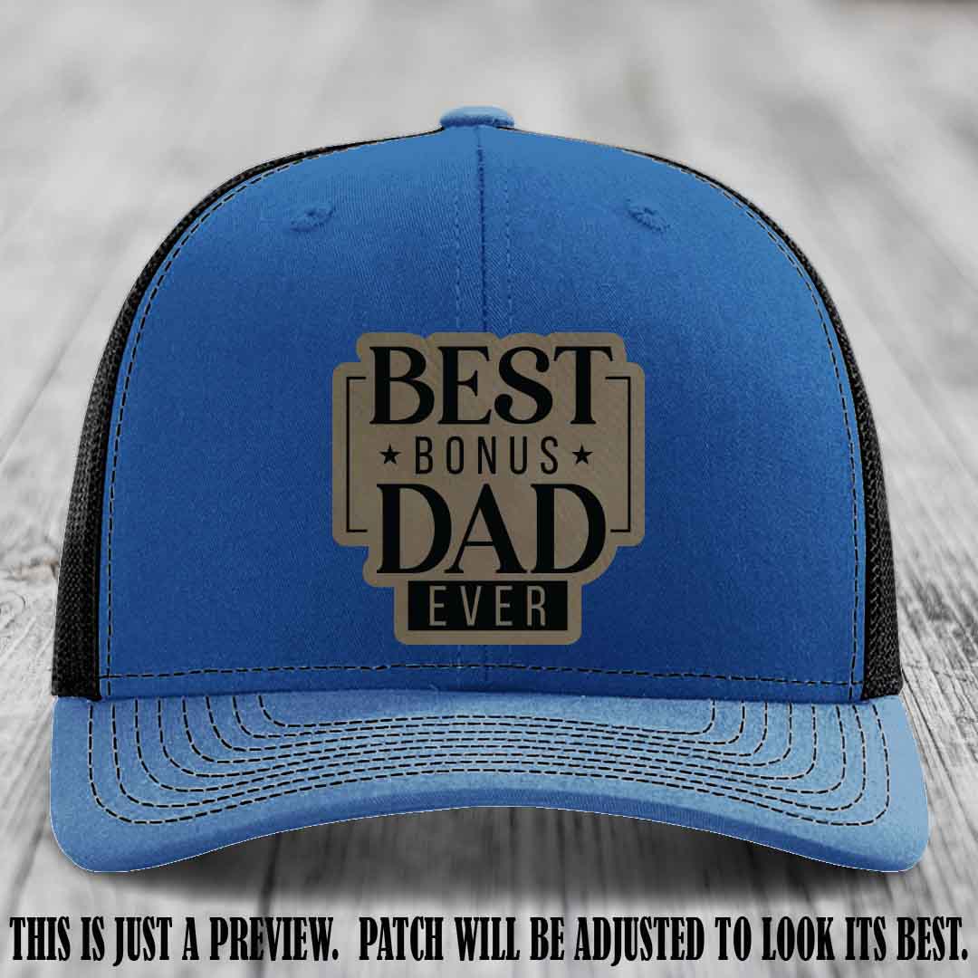 Best Bonus Dad Ever 🏆 Light Brown to Black Patch on Royal to Black Hat Richardson 112