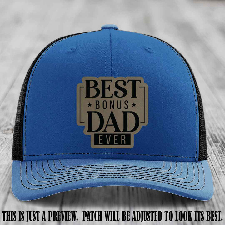 Best Bonus Dad Ever 🏆 Light Brown to Black Patch on Royal to Black Hat Richardson 112