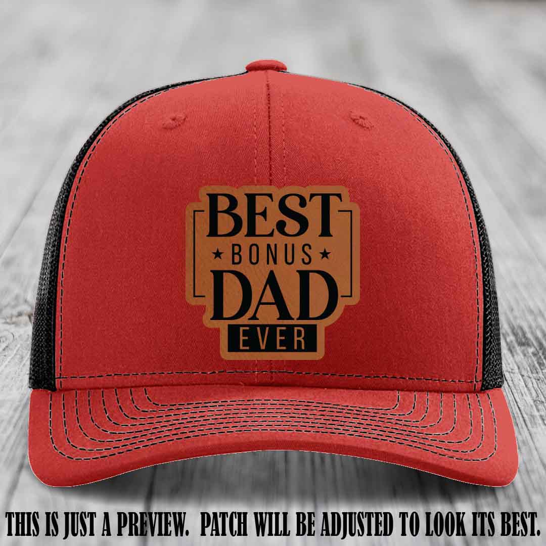 Best Bonus Dad Ever 🏆 Rawhide to Black Patch on Red to Black Hat Richardson 112