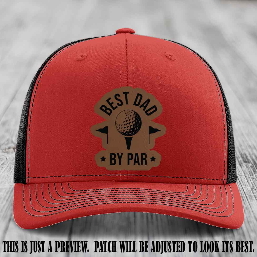 Best Dad By Par 🏌️‍♂️ Dark Brown to Black Patch on Red to Black Hat - Custom Richardson 112 Hat