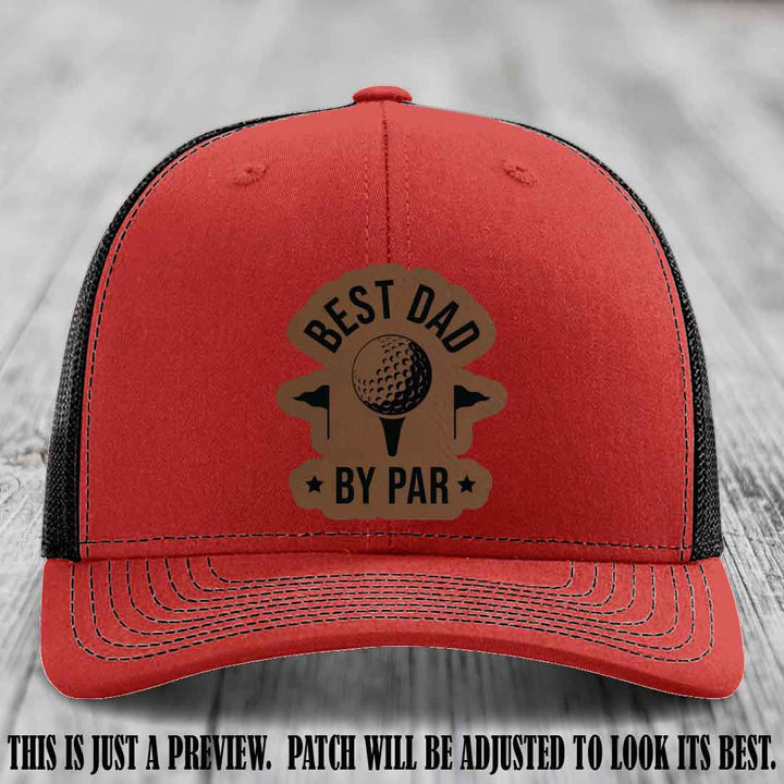 Best Dad By Par 🏌️‍♂️ Dark Brown to Black Patch on Red to Black Hat - Custom Richardson 112 Hat