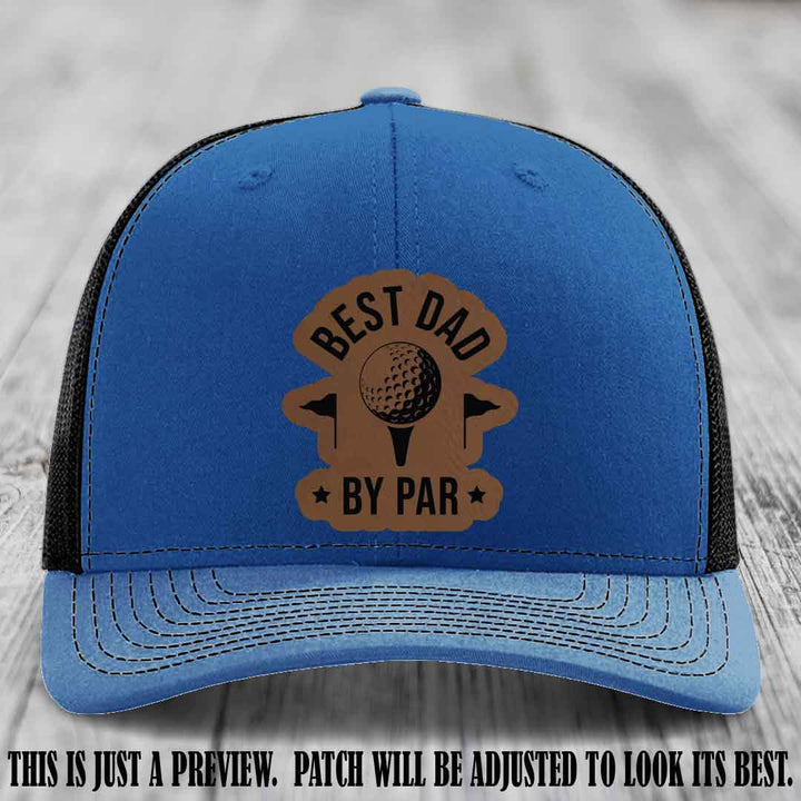 Best Dad By Par 🏌️‍♂️ Dark Brown to Black Patch on Royal to Black Hat - Custom Richardson 112 Hat