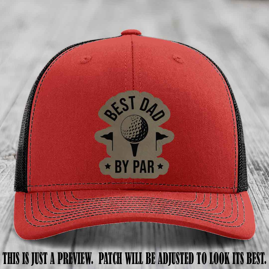 Best Dad By Par 🏌️‍♂️ Light Brown to Black Patch on Red to Black Hat - Custom Richardson 112 Hat