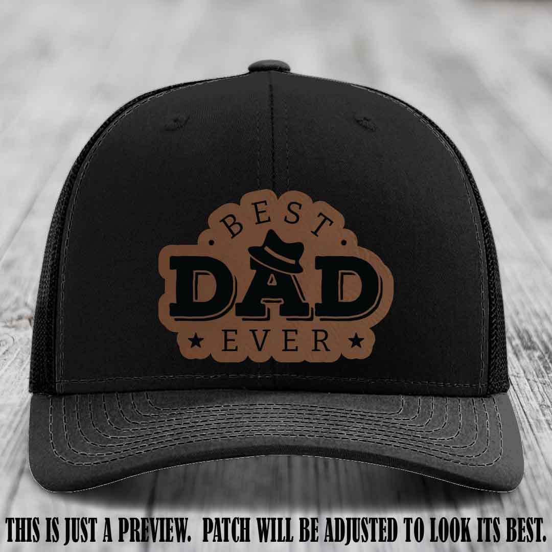 Best Dad Ever Fedora Swag 🤠 Leather Patch Hat – Dark Brown to Black Patch on Black Hat Richardson 112 Hat