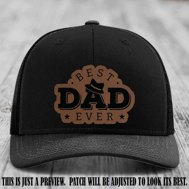 Best Dad Ever Fedora Swag 🤠 Leather Patch Hat – Dark Brown to Black Patch on Black Hat Richardson 112 Hat