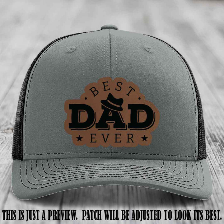 Best Dad Ever Fedora Swag 🤠 Leather Patch Hat – Dark Brown to Black Patch on Heather Grey to Black Hat Richardson 112 Hat