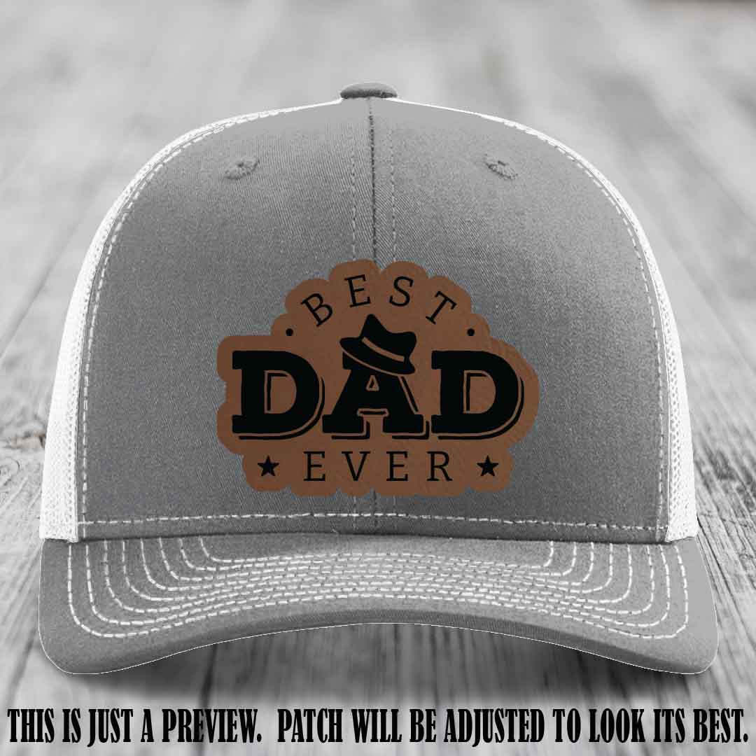 Best Dad Ever Fedora Swag 🤠 Leather Patch Hat – Dark Brown to Black Patch on Heather Grey to White Hat Richardson 112 Hat