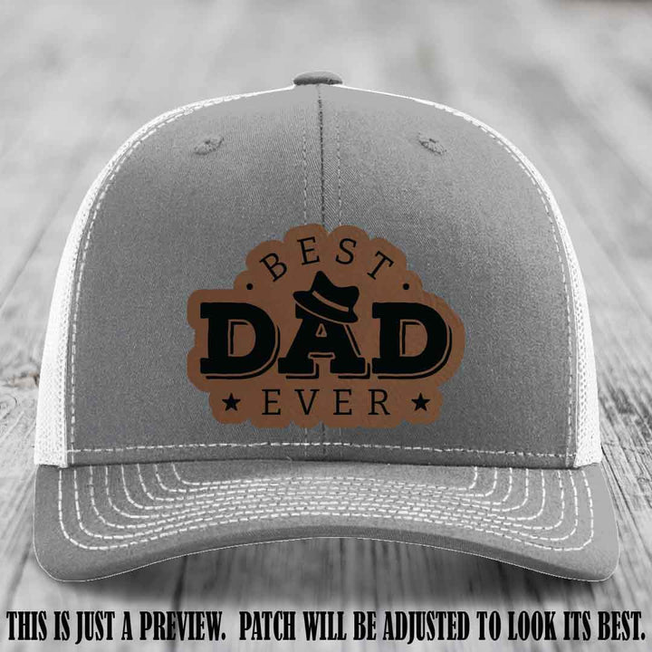 Best Dad Ever Fedora Swag 🤠 Leather Patch Hat – Dark Brown to Black Patch on Heather Grey to White Hat Richardson 112 Hat
