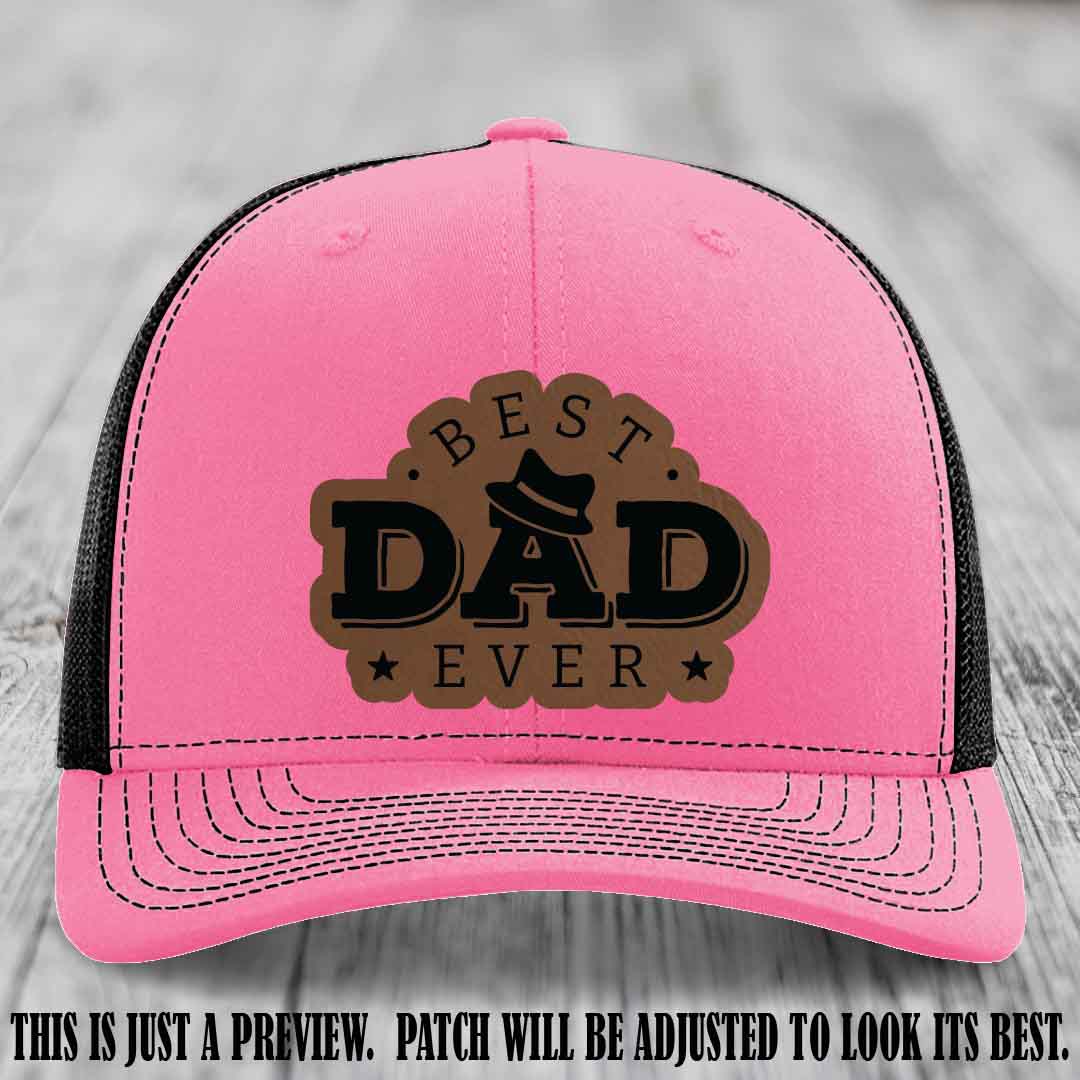 Best Dad Ever Fedora Swag 🤠 Leather Patch Hat – Dark Brown to Black Patch on Hot Pink to Black Hat Richardson 112 Hat