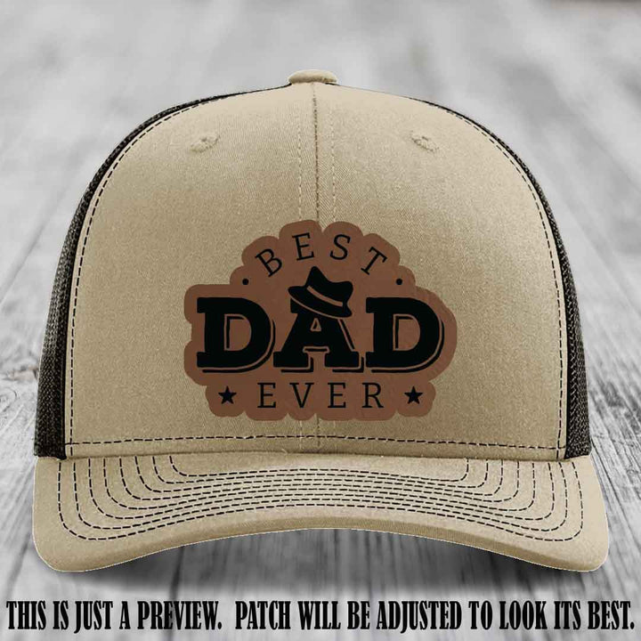 Best Dad Ever Fedora Swag 🤠 Leather Patch Hat – Dark Brown to Black Patch on Khaki to Coffee Hat Richardson 112 Hat