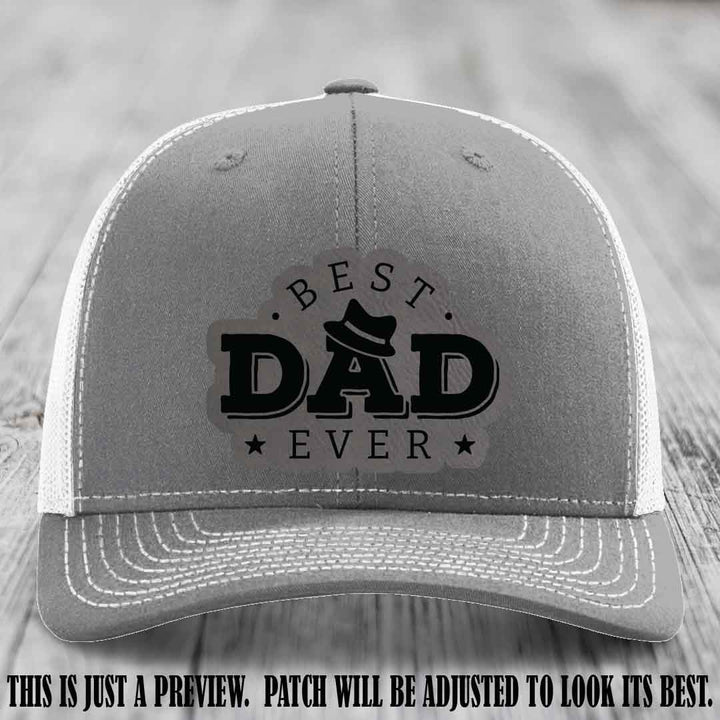 Best Dad Ever Fedora Swag 🤠 Leather Patch Hat – Grey to Black Patch on Heather Grey to White Hat Richardson 112 Hat