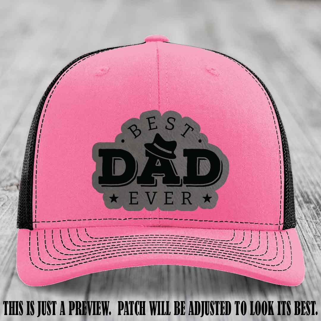 Best Dad Ever Fedora Swag 🤠 Leather Patch Hat – Grey to Black Patch on Hot Pink to Black Hat Richardson 112 Hat
