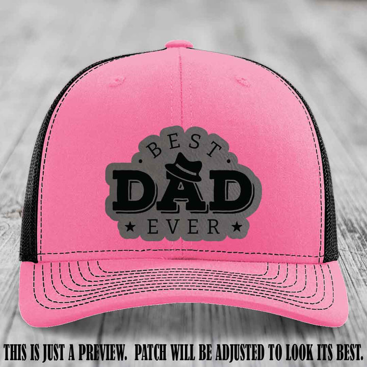 Best Dad Ever Fedora Swag 🤠 Leather Patch Hat – Grey to Black Patch on Hot Pink to Black Hat Richardson 112 Hat