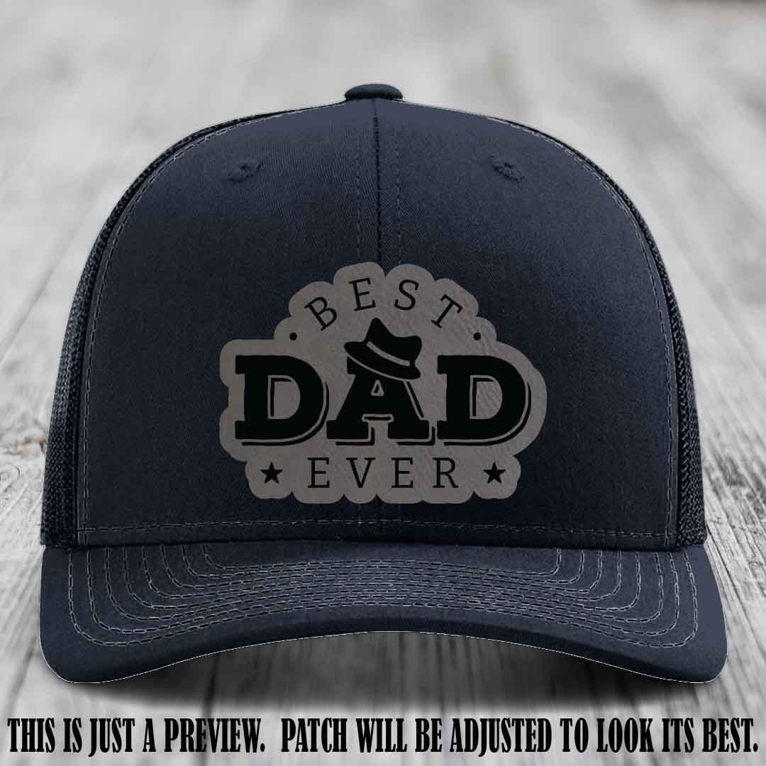 Best Dad Ever Fedora Swag 🤠 Leather Patch Hat – Grey to Black Patch on Navy Hat Richardson 112 Hat