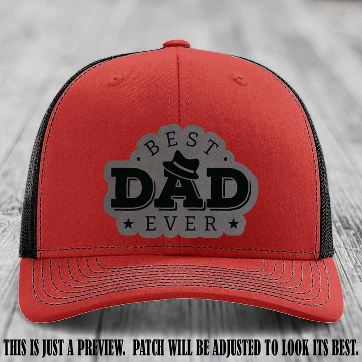 Best Dad Ever Fedora Swag 🤠 Leather Patch Hat – Grey to Black Patch on Red to Black Hat Richardson 112 Hat