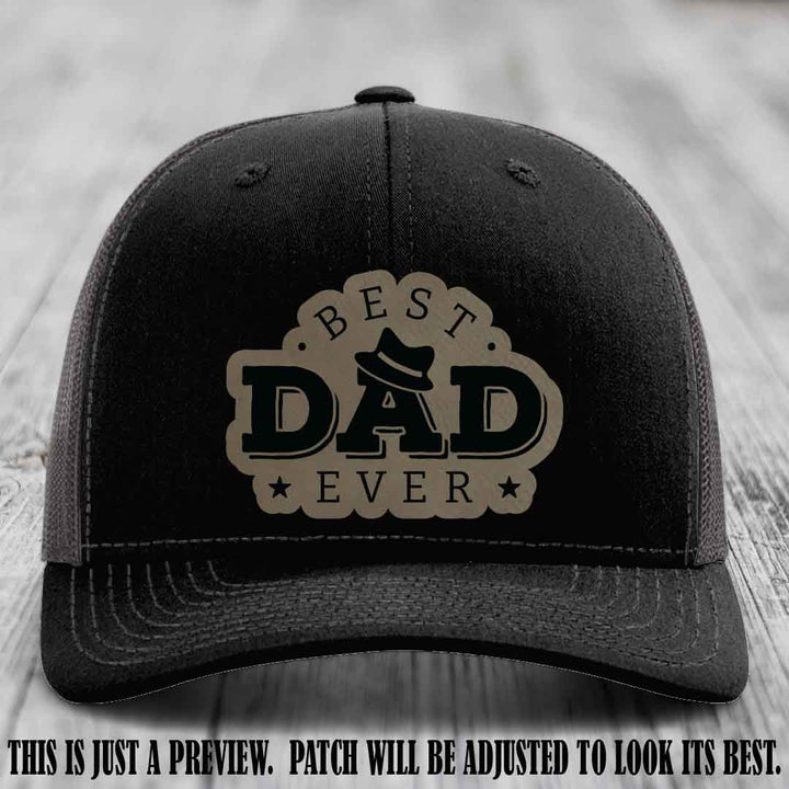 Best Dad Ever Fedora Swag 🤠 Leather Patch Hat – Light Brown to Black Patch on Black to Charcoal Hat Richardson 112 Hat