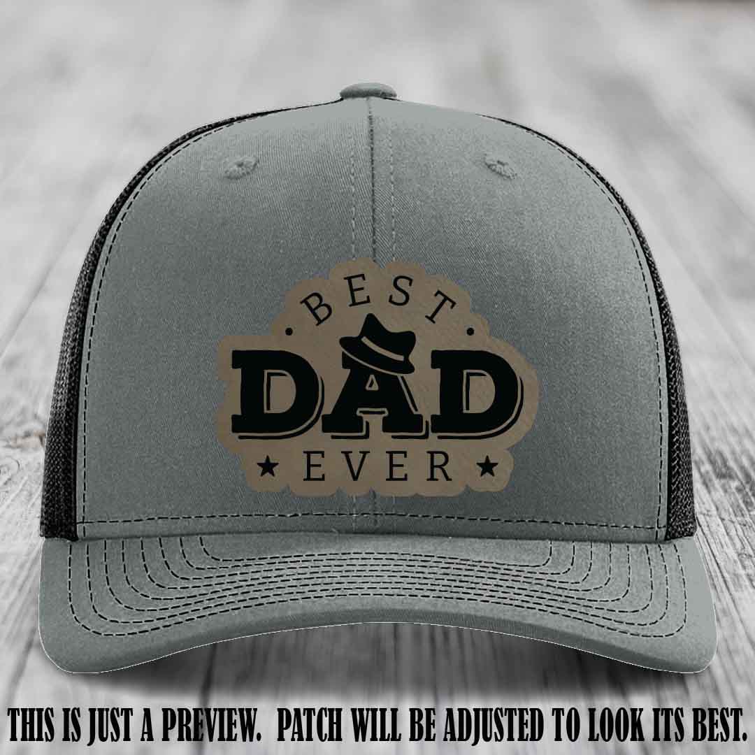 Best Dad Ever Fedora Swag 🤠 Leather Patch Hat – Light Brown to Black Patch on Heather Grey to Black Hat Richardson 112 Hat