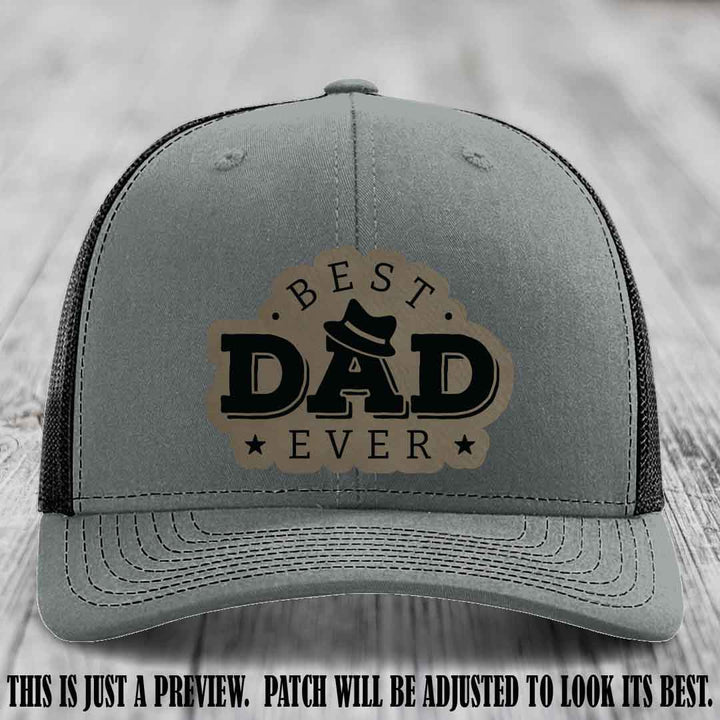 Best Dad Ever Fedora Swag 🤠 Leather Patch Hat – Light Brown to Black Patch on Heather Grey to Black Hat Richardson 112 Hat